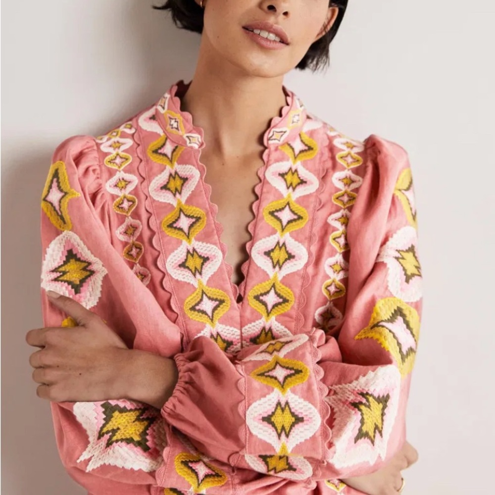 Boden Pink Embroidered Long Sleeve Dress